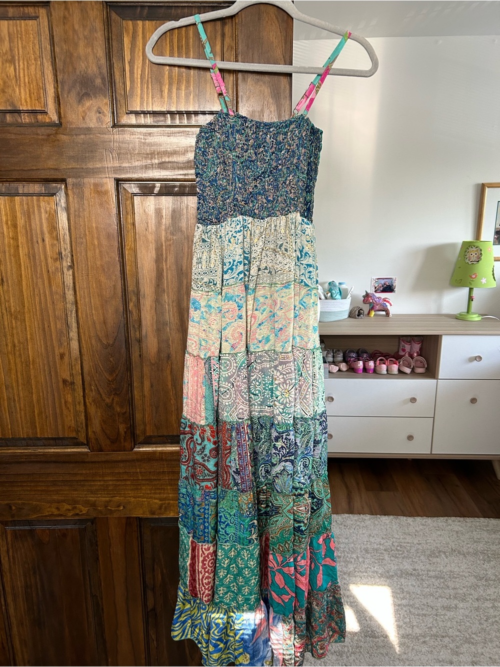 100% Silk Boho Patchwork Tiered Maxi Dress Size Small Made in India